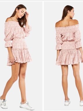 MISA Los Angeles Pink Smocked Off-Shoulder Tiered Dress